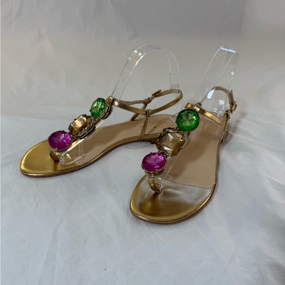 Kate Spade Faith Gold Sandals with Multicolor Gem Accents
